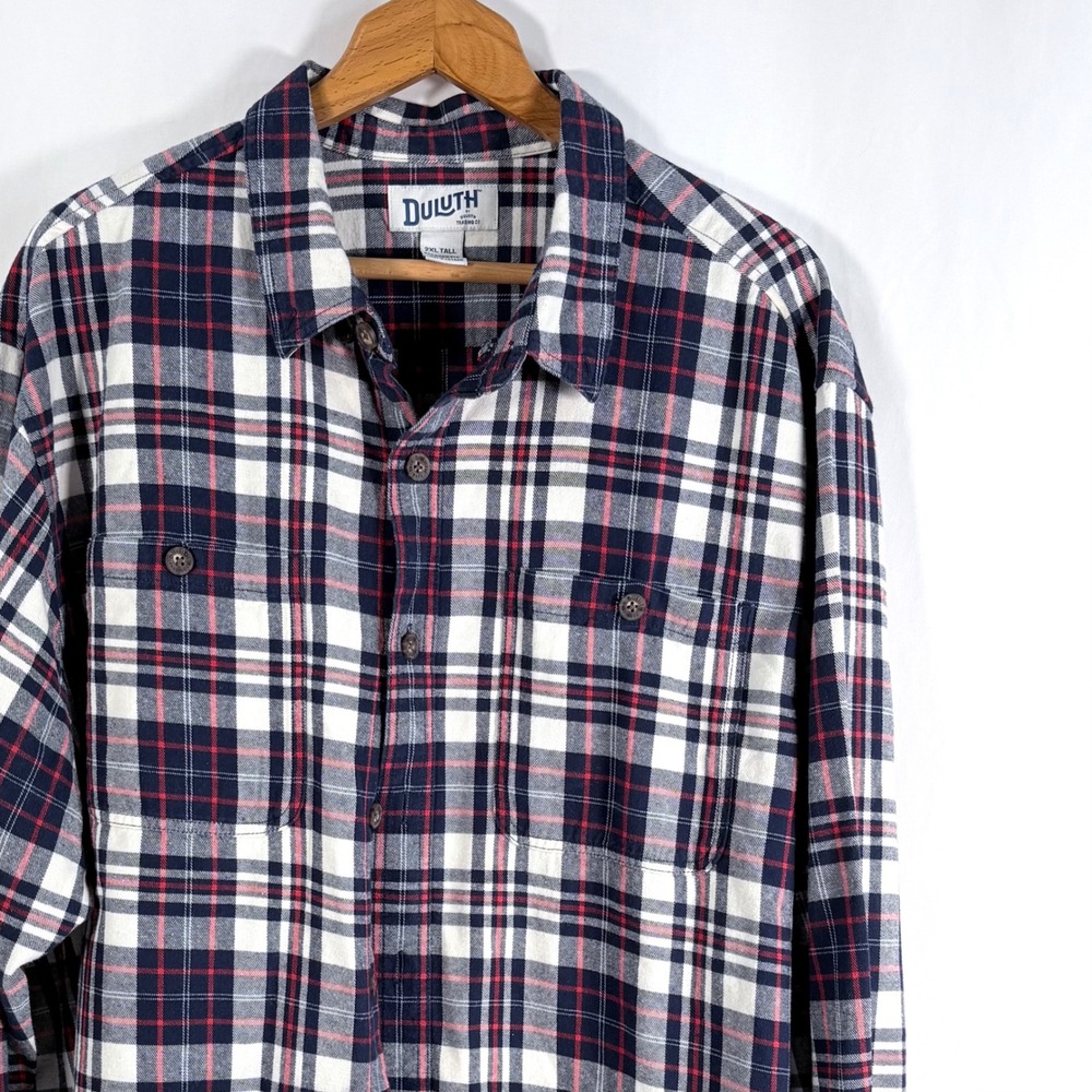 Duluth Trading Co Flannel Shirt Blue White Red Plaid 2XL Tall Relaxed Fit Cotton